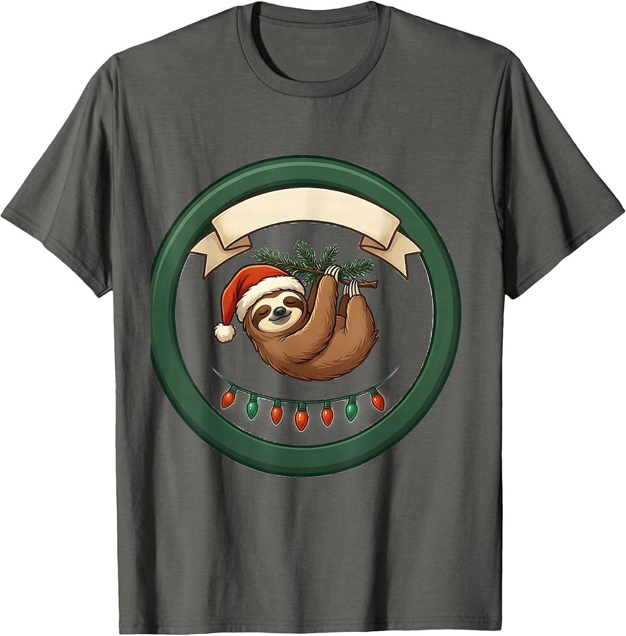 Sloth Santa Hat Christmas Lights Funny Holiday Pajama T-Shirt - Asphalt Grey