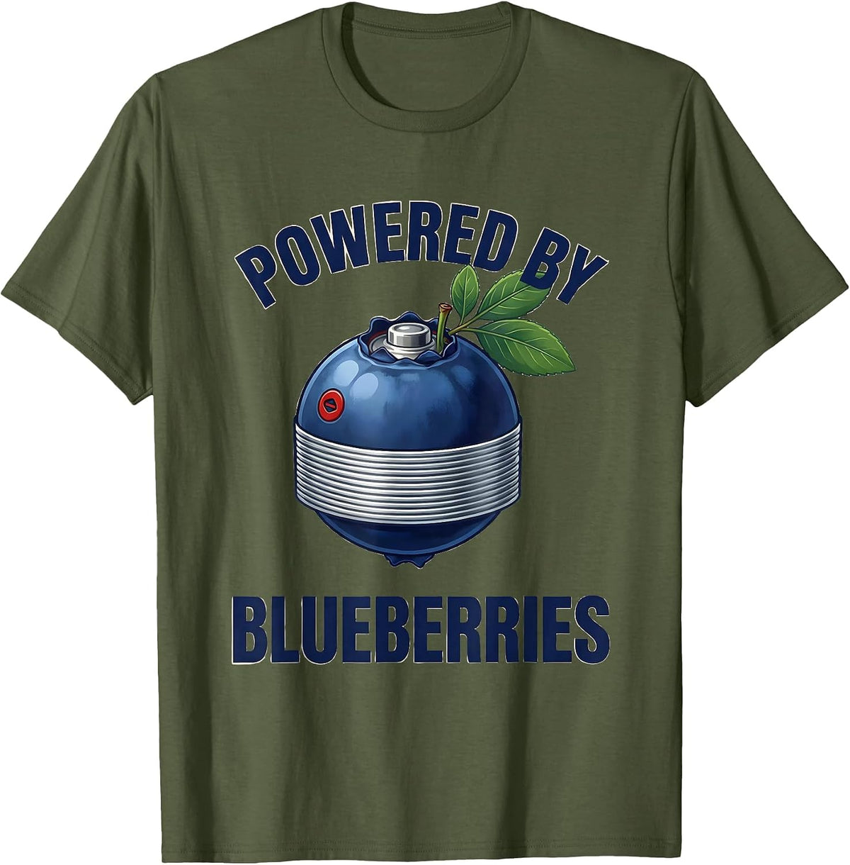 Men's Powered by Blueberries Red White and Blue Design T-Shirt - Olive Green