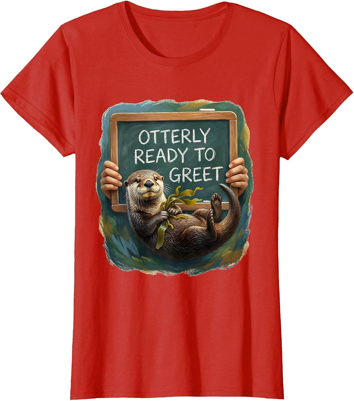 Otterly Ready To Greet Storybook Sea Otter Pun Humor T-Shirt - Red