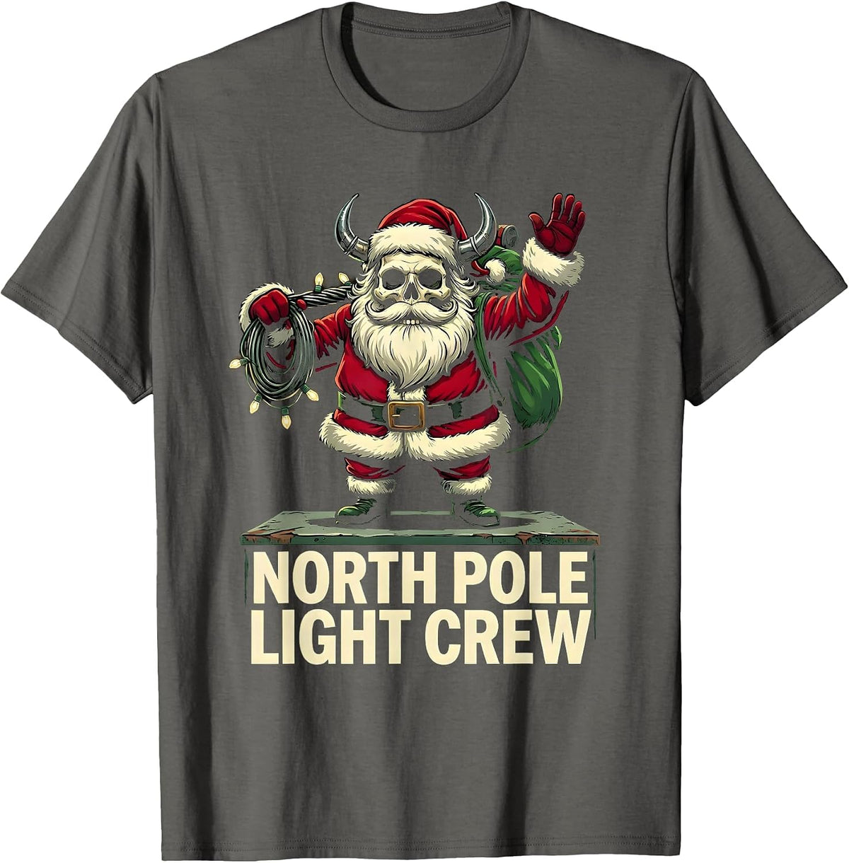 Men's North Pole Light Crew Cartoon Heavy Metal Santa Claus T-Shirt - Asphalt Grey