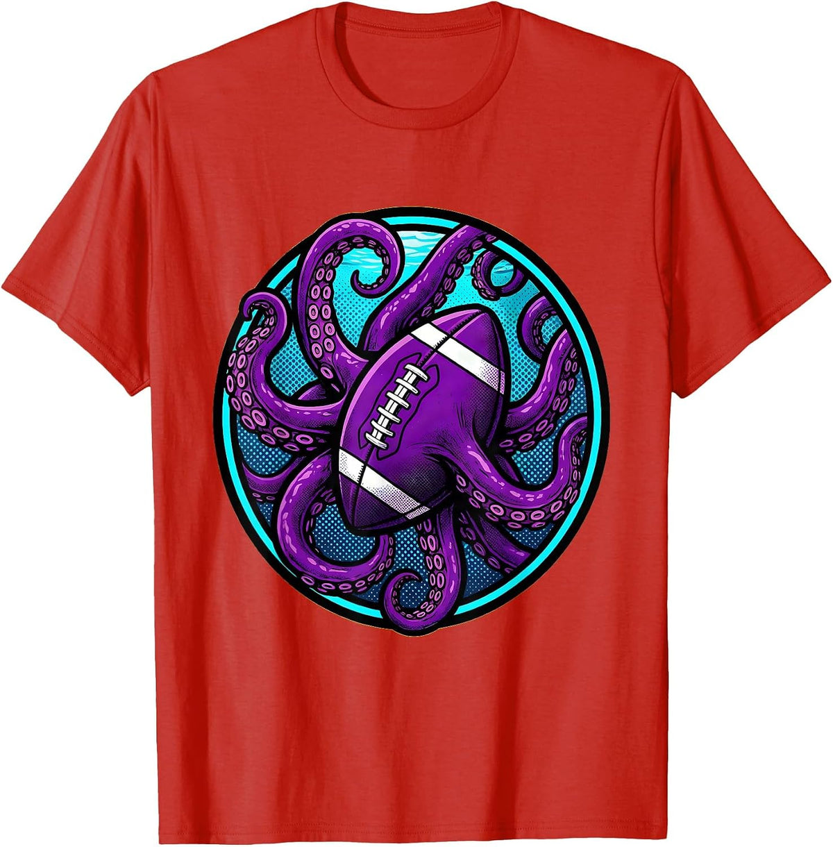 Men's Purple Football Octopus Underwater Art Design T-Shirt - Red