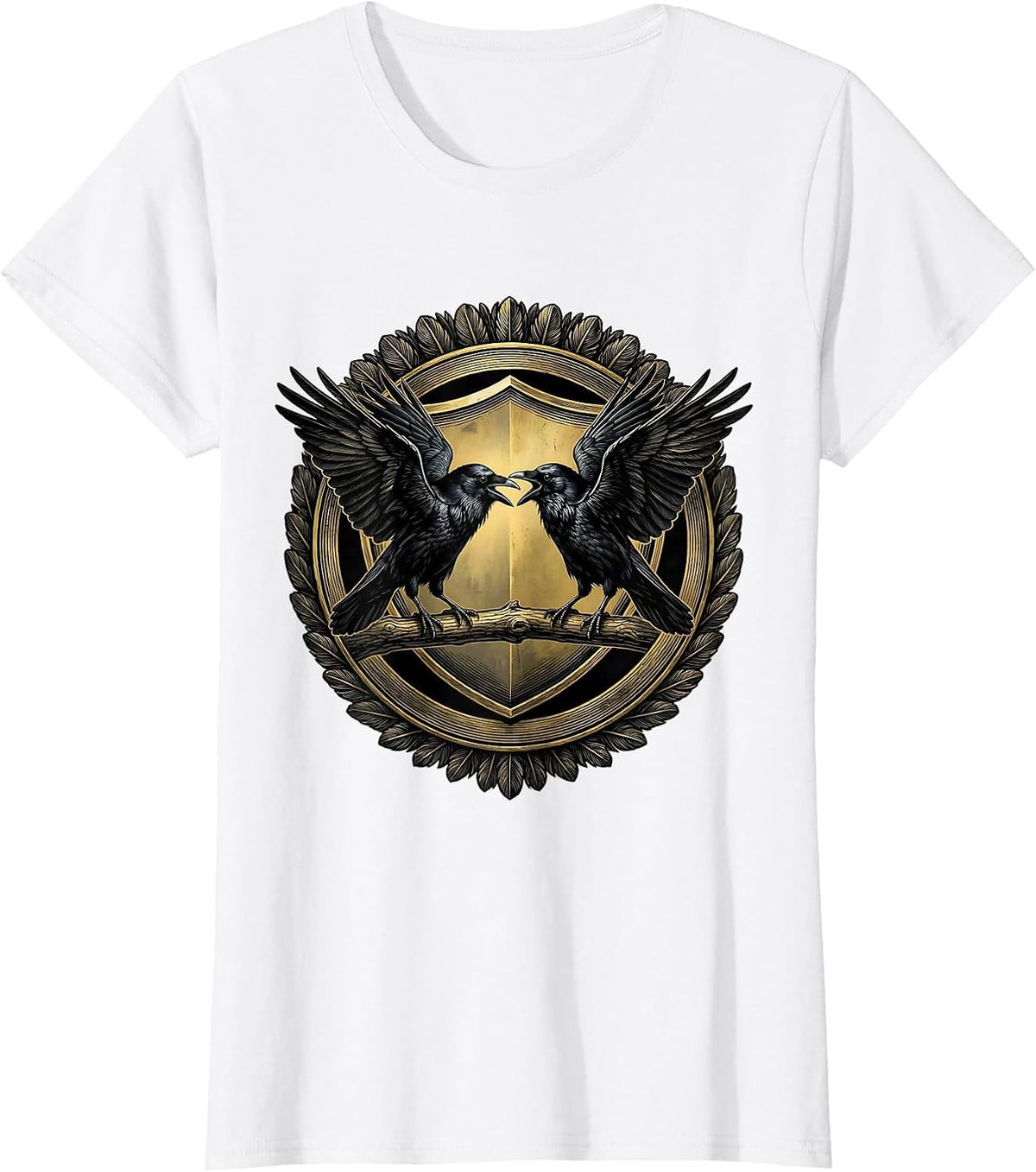 Two Crows Facing Off on a Branch Illustration T-Shirt - White
