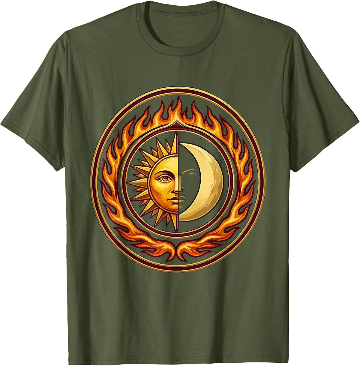 Sun and Moon Ring of Fire Celestial Eclipse T-Shirt - Olive Green