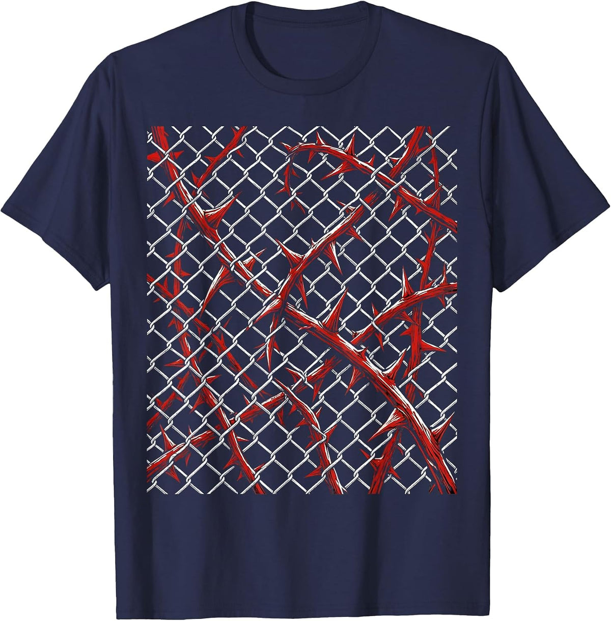 Chain-Link Fence Climbing Rose Thorns Streetwear T-Shirt - Navy Blue