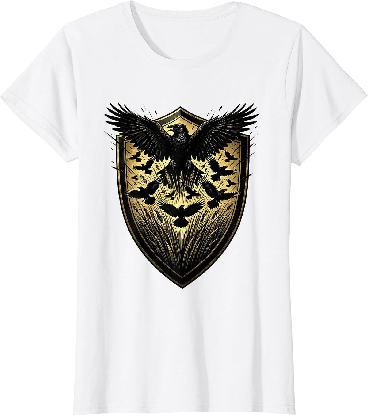 Women's Crows Bursting From Tall Grass Illustration T-Shirt - White