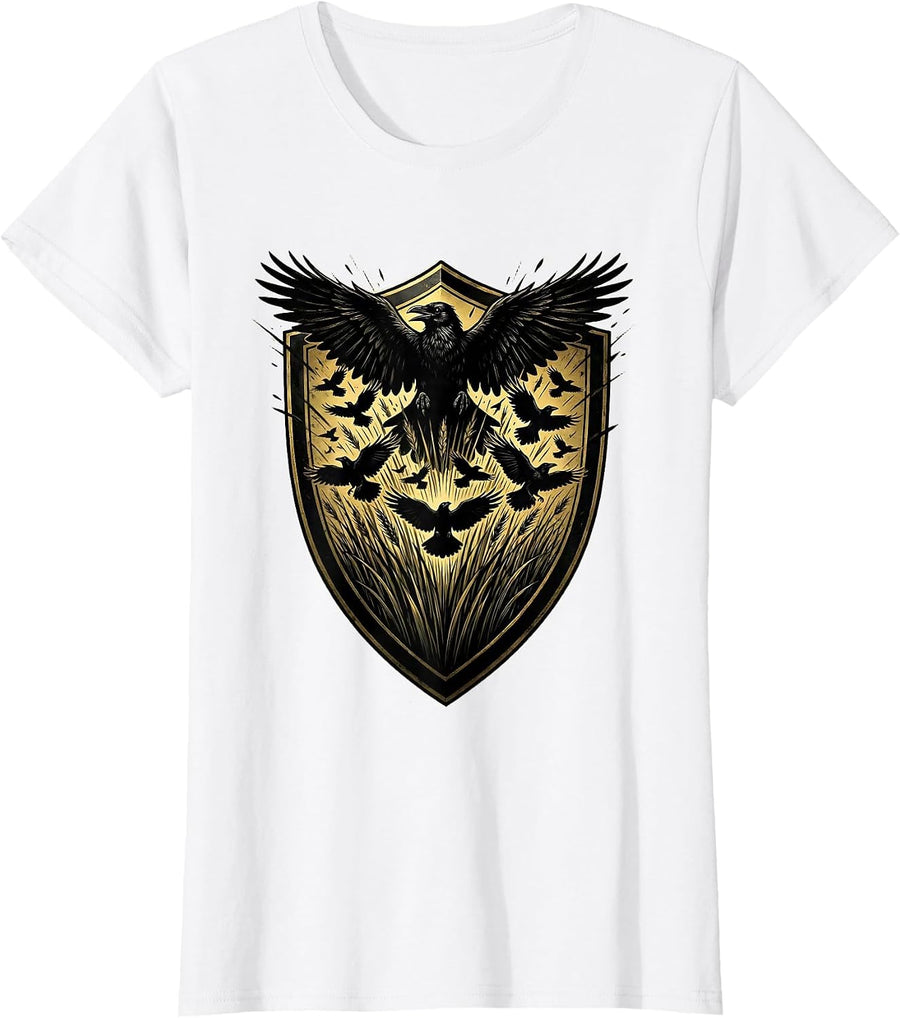 Women's Crows Bursting From Tall Grass Illustration T-Shirt - White