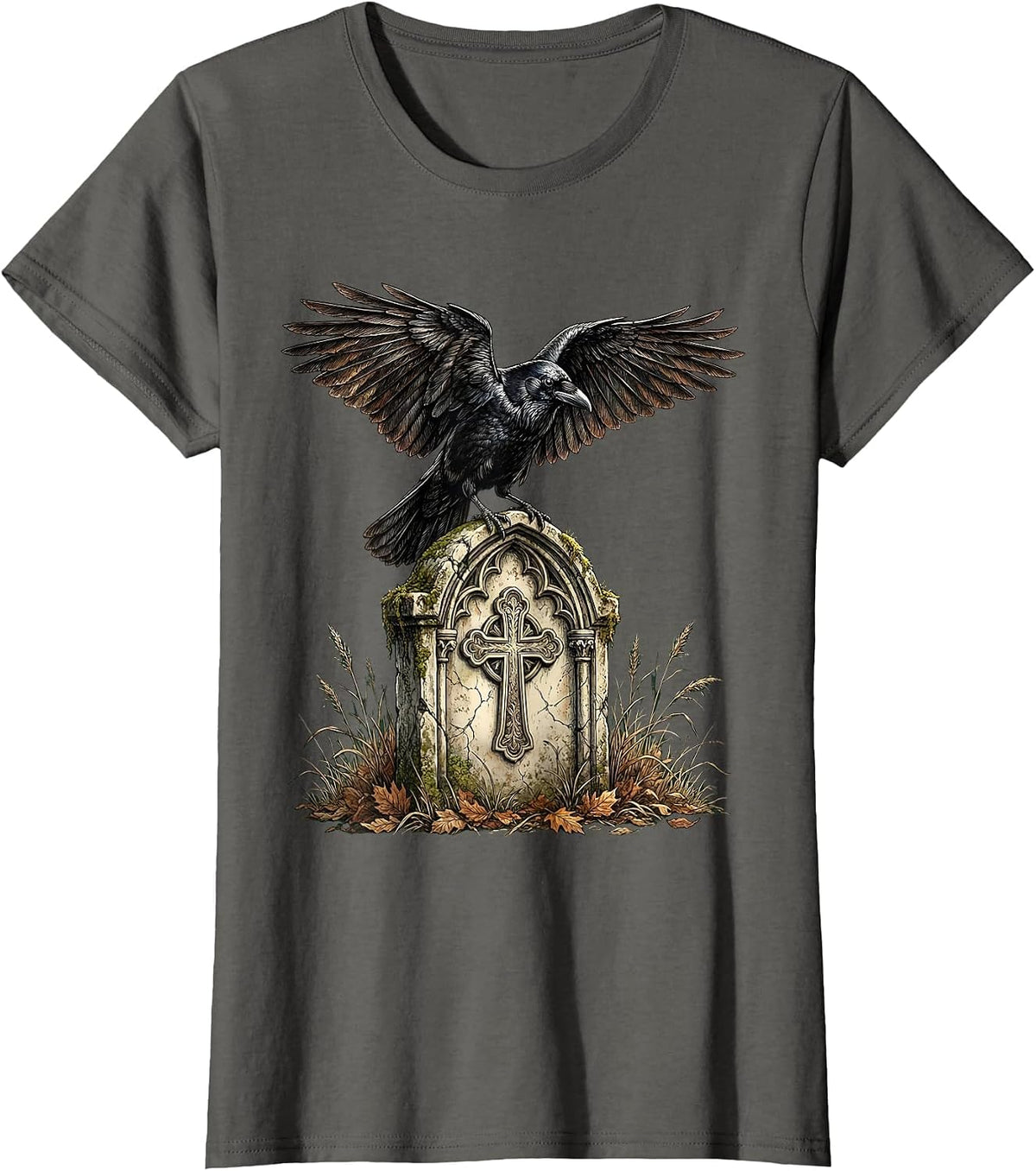 Women's Gothic Crow on Gravestone Halloween Design T-Shirt - Asphalt Grey