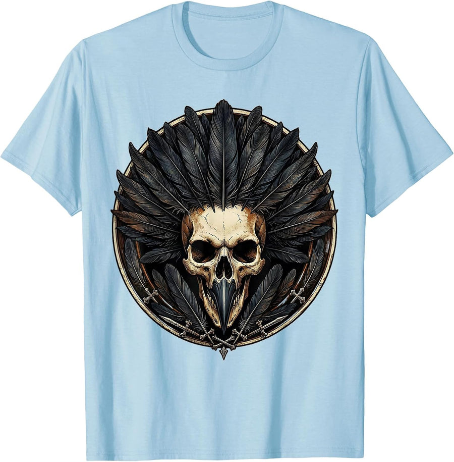 Men's Crow Skull Feather Crown Gothic Art Design T-Shirt - Baby Blue