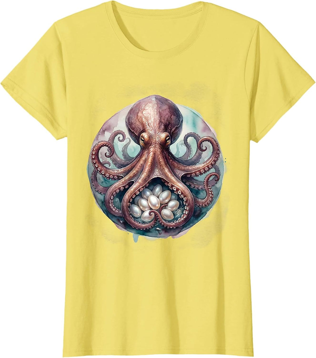 Octopus Mom Sheltering Eggs Maternal Art T-Shirt - Lemon Yellow
