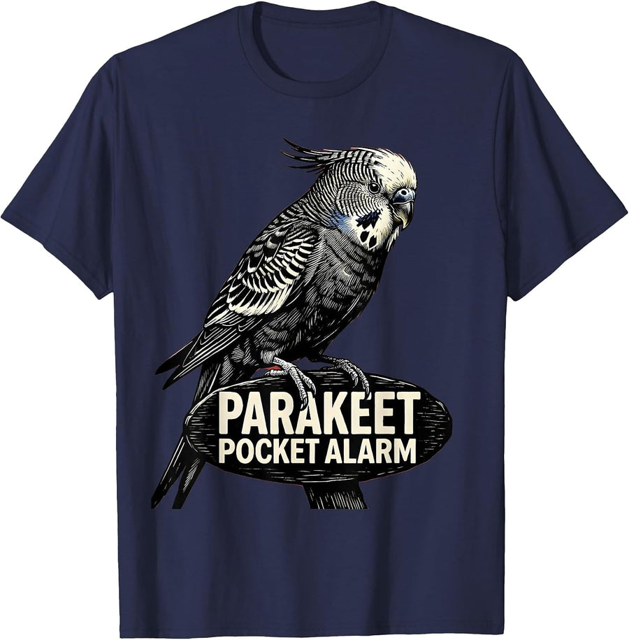 Parakeet Pocket Alarm Woodcut Engraving Bird Lover Humor T-Shirt - Navy Blue