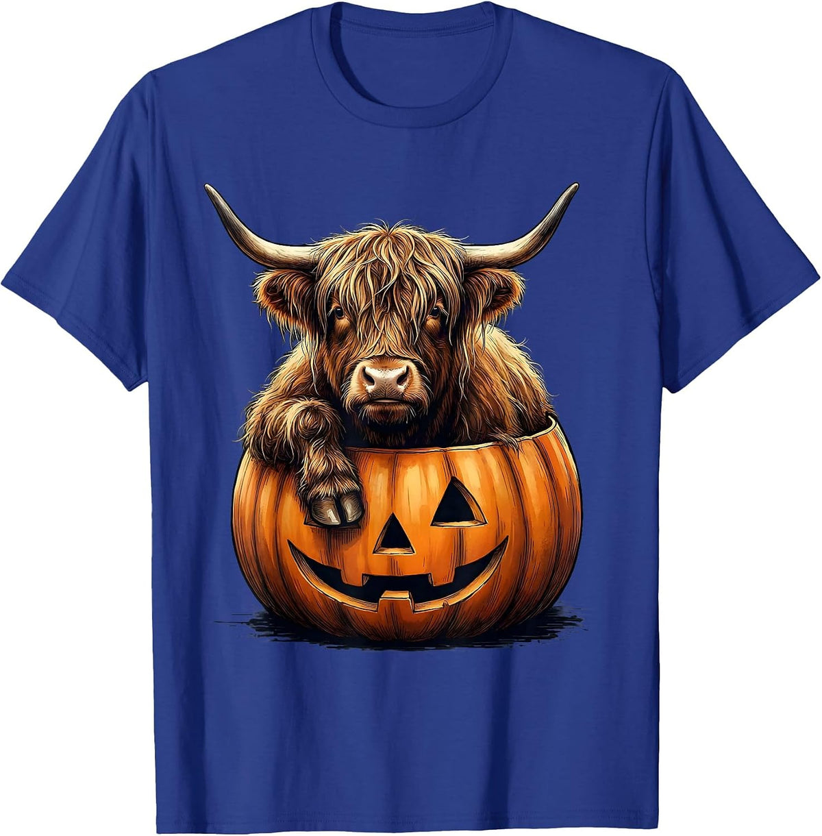 Shaggy Highland Cow Pumpkin Bucket Halloween Humor T-Shirt - Royal Blue