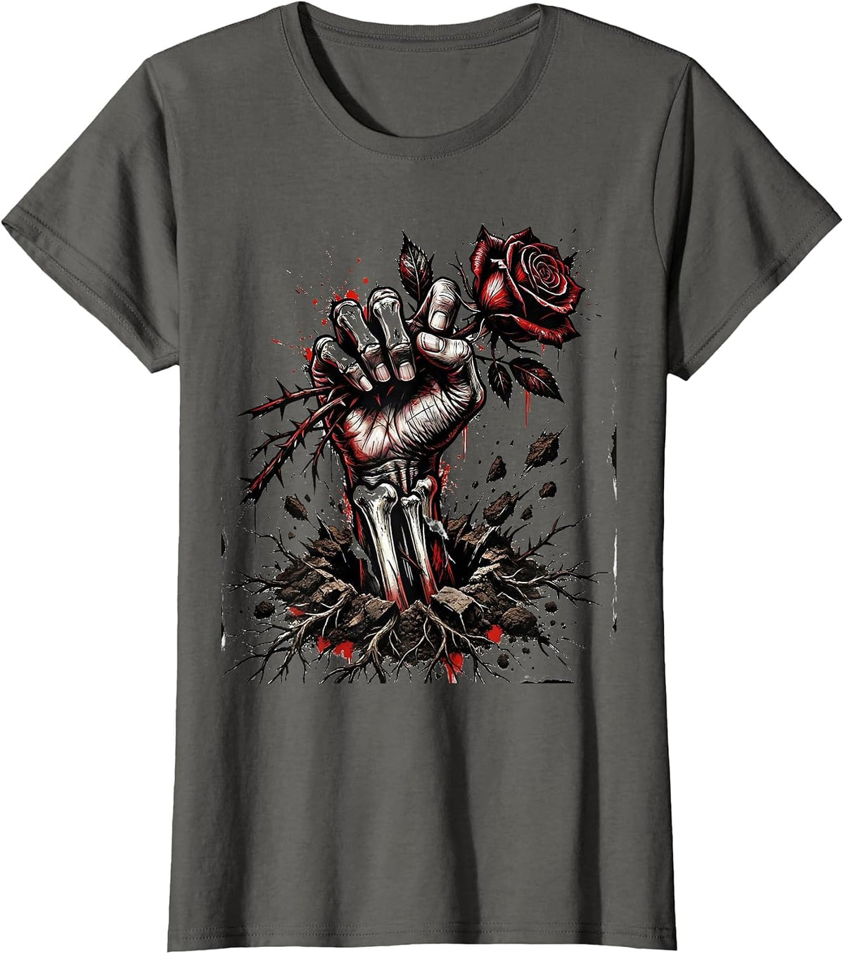 Women's Goth Rose Hand Emerging From Soil Dark Art T-Shirt - Asphalt Grey
