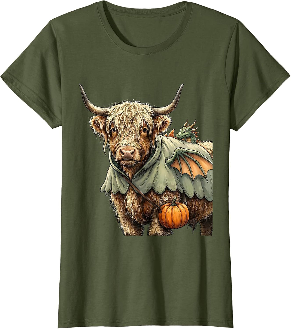 Highland Cow Dragon Costume Funny Halloween Farm Animal T-Shirt - Olive Green