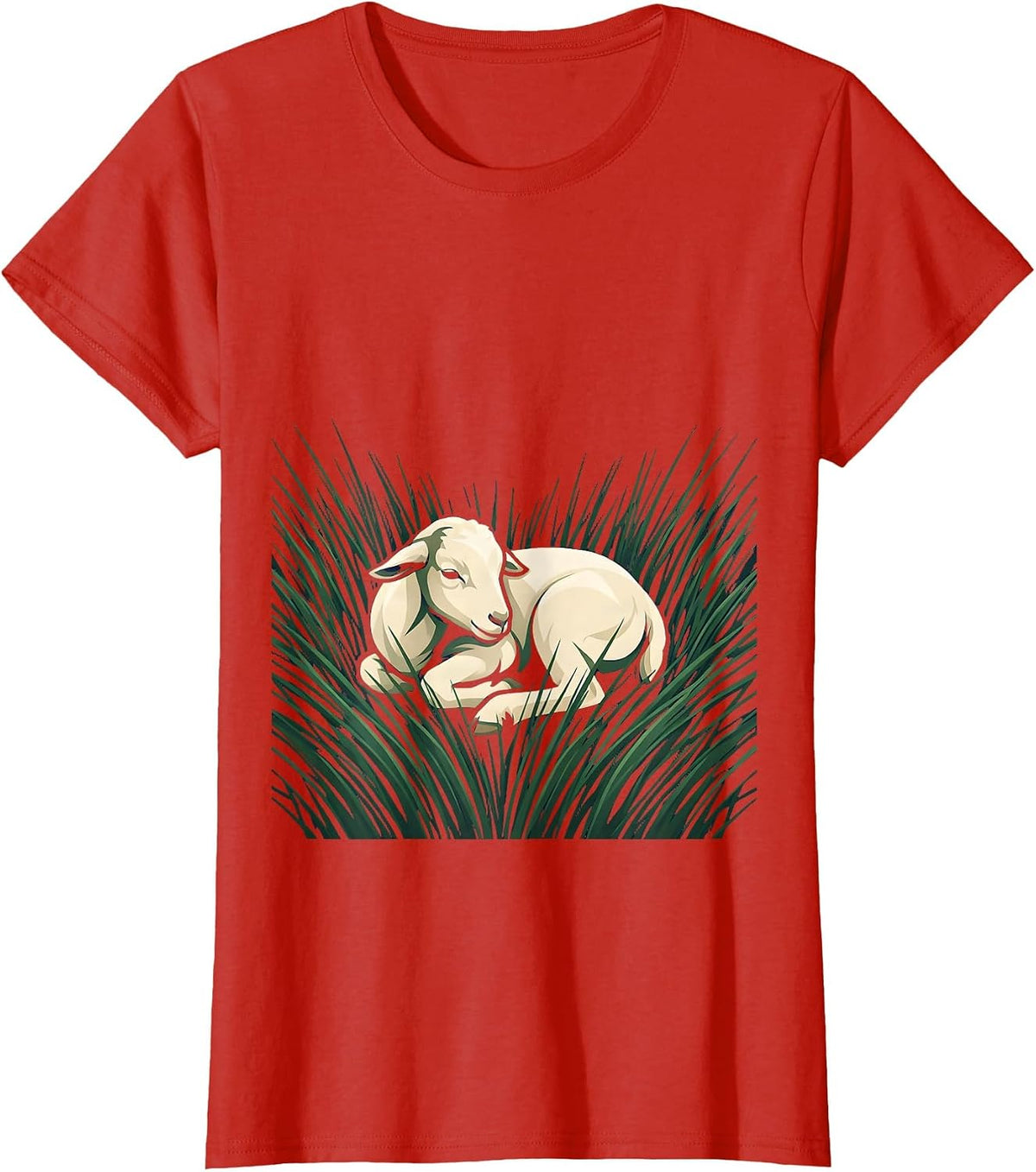 Women's Baby Goat Curled Up In Grass Illustration T-Shirt - Red