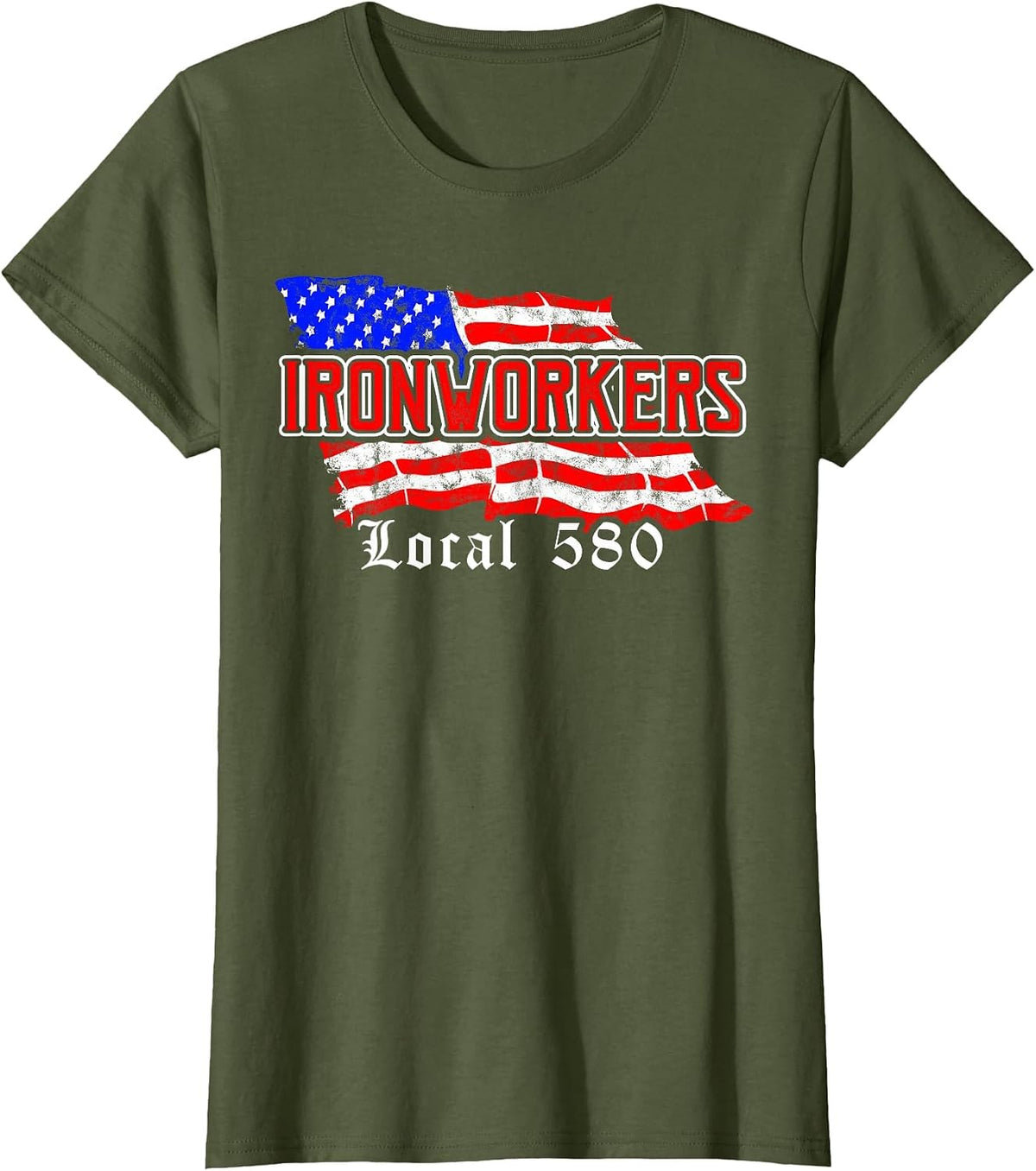 Ironworkers Local 580 NYC American Flag T-Shirt Patriotic Tees - Olive Green