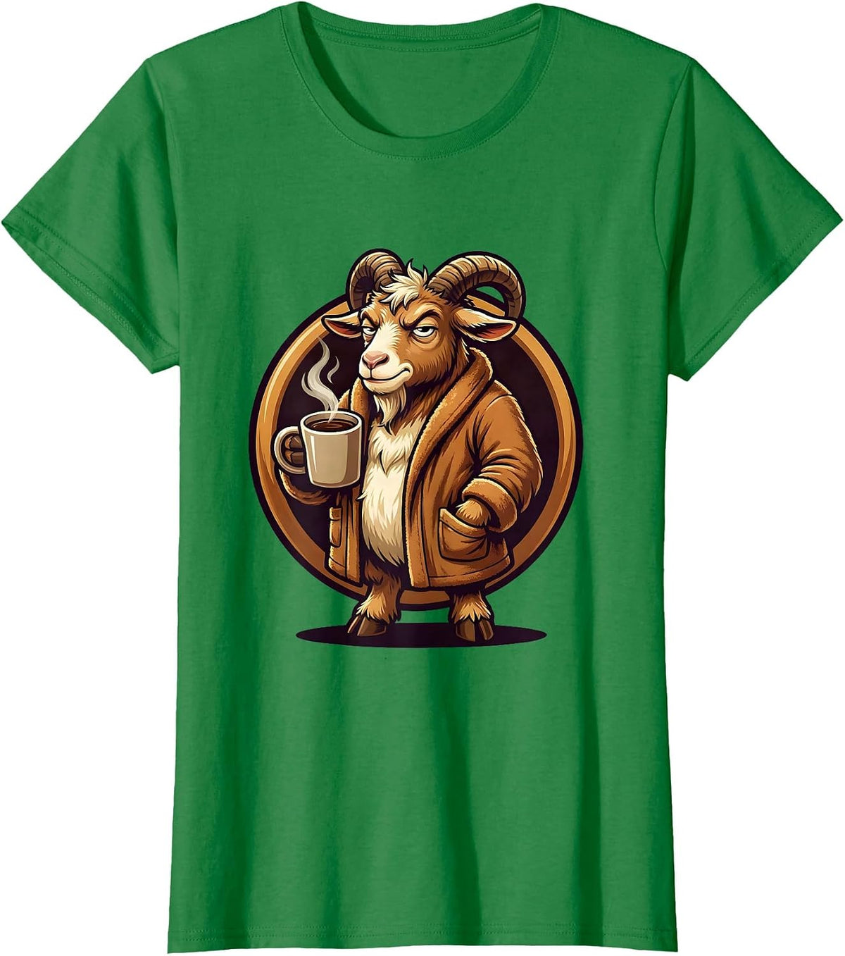 Women's Goat in Bathrobe Morning Coffee Funny Illustration T-Shirt - Kelly Green