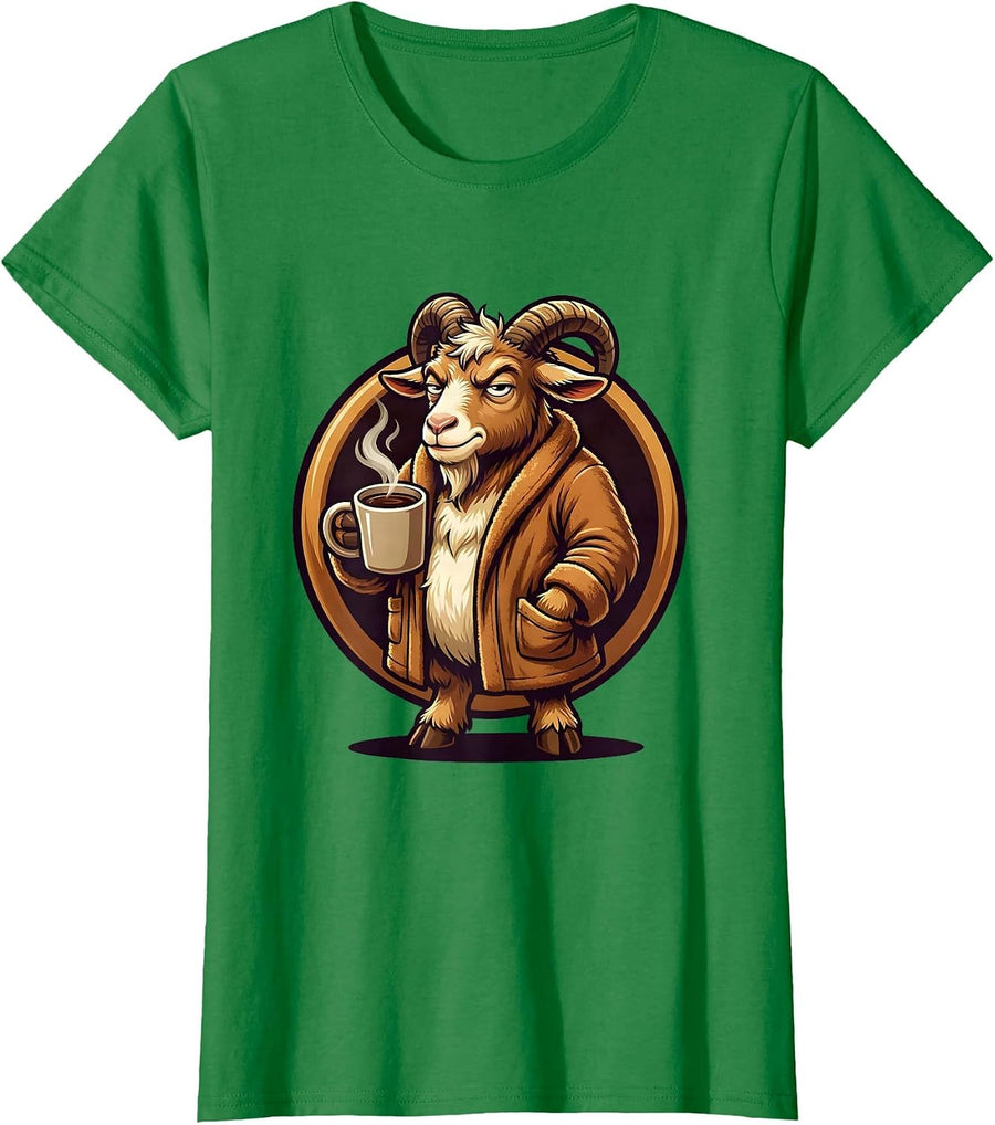 Women's Goat in Bathrobe Morning Coffee Funny Illustration T-Shirt - Kelly Green