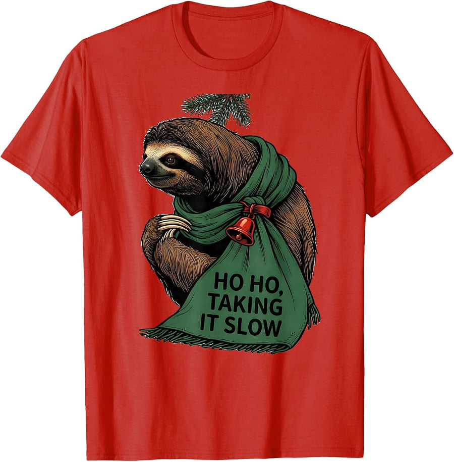 Men's Ho Ho, Taking It Slow Funny Sloth Lover Ugly Christmas T-Shirt - Red