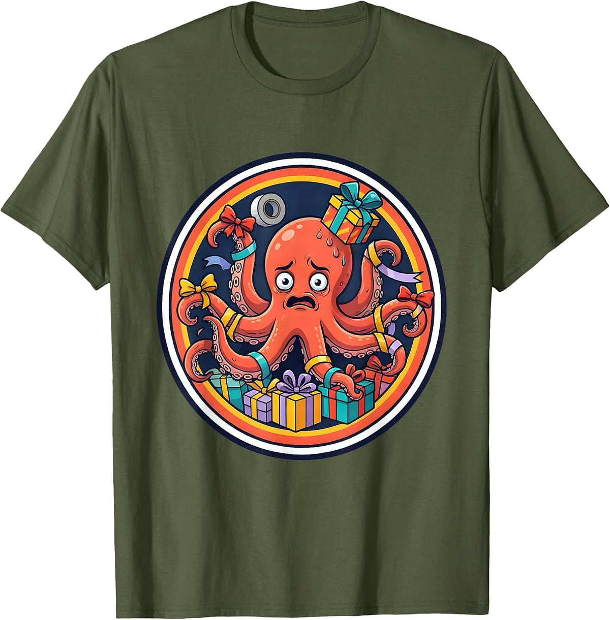 Overwhelmed Octopus Gift Wrapping Chaos T-Shirt - Olive Green
