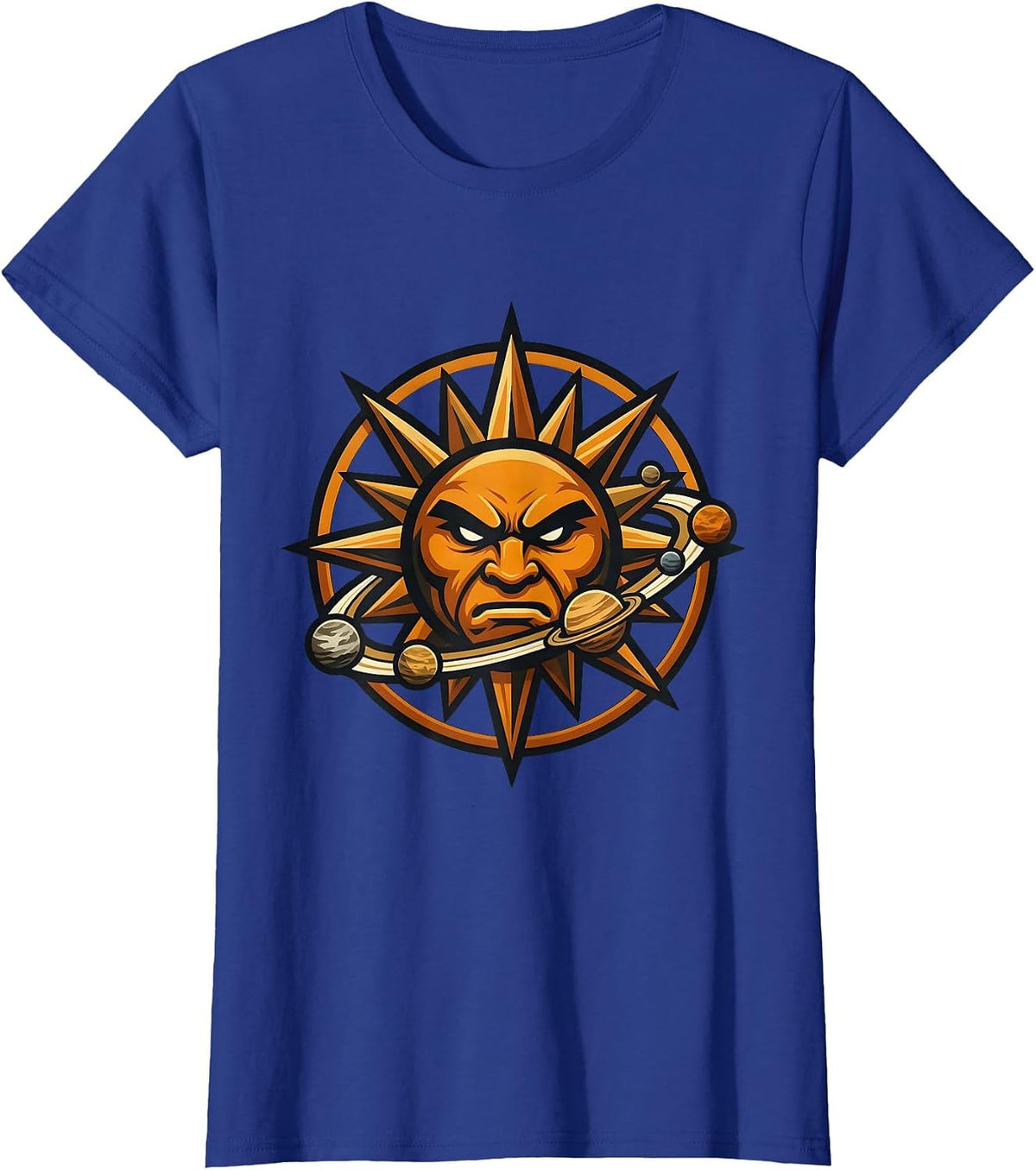 Women's Six Planets Orbiting a Blazing Sun Space Design T-Shirt - Royal Blue