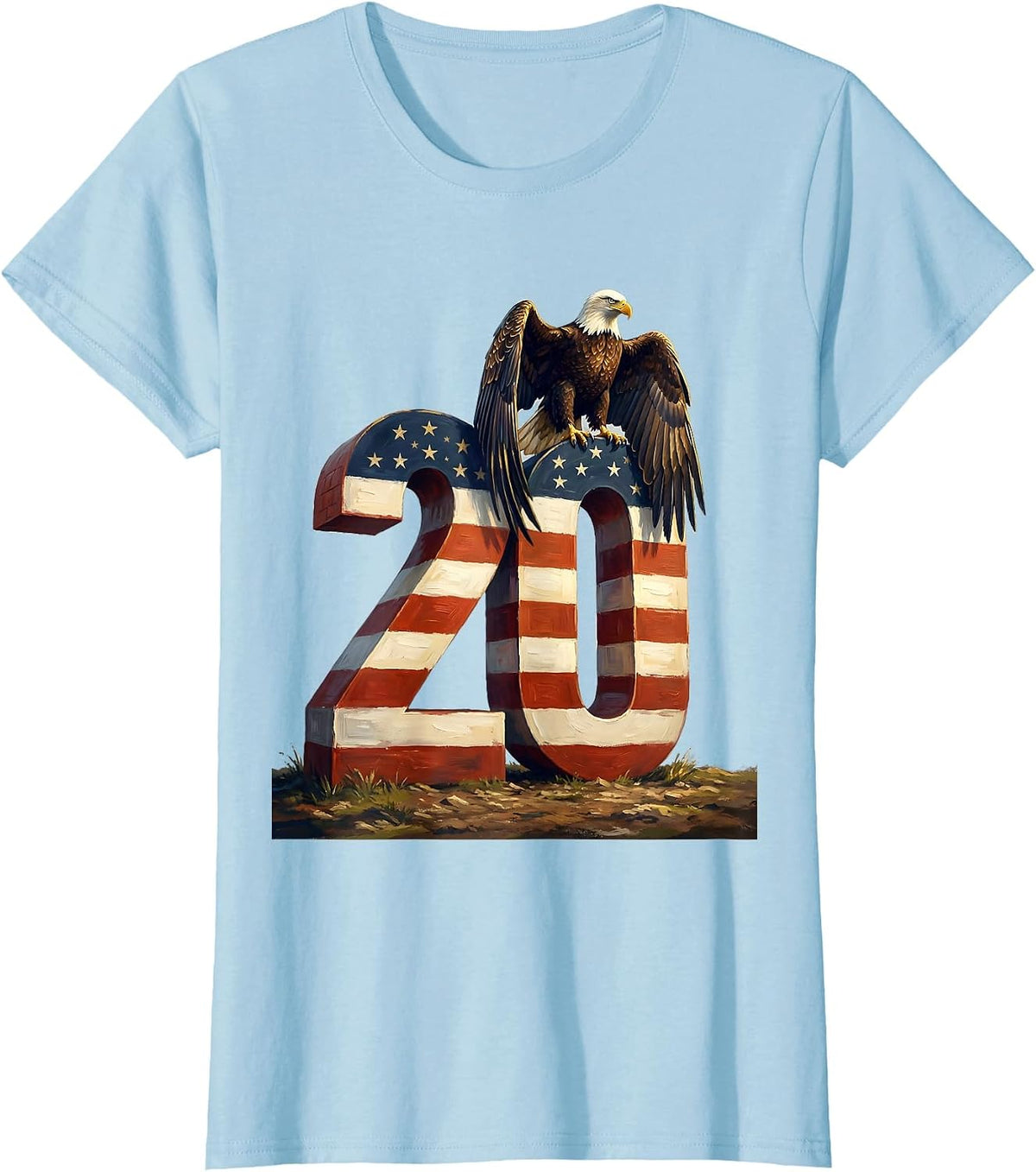 Hand Illustrated USA 250th Anniversary Eagle And Flag T-Shirt - Baby Blue
