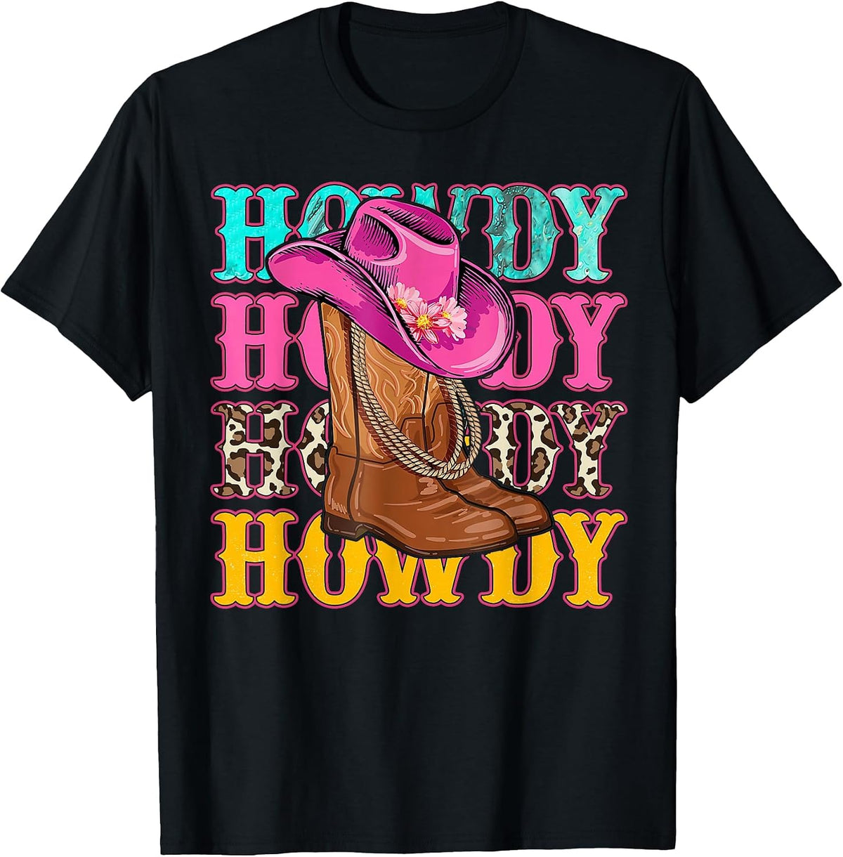 Howdy Southern Western Girls Country Rodeo Cowgirls Boots T-Shirt - Black