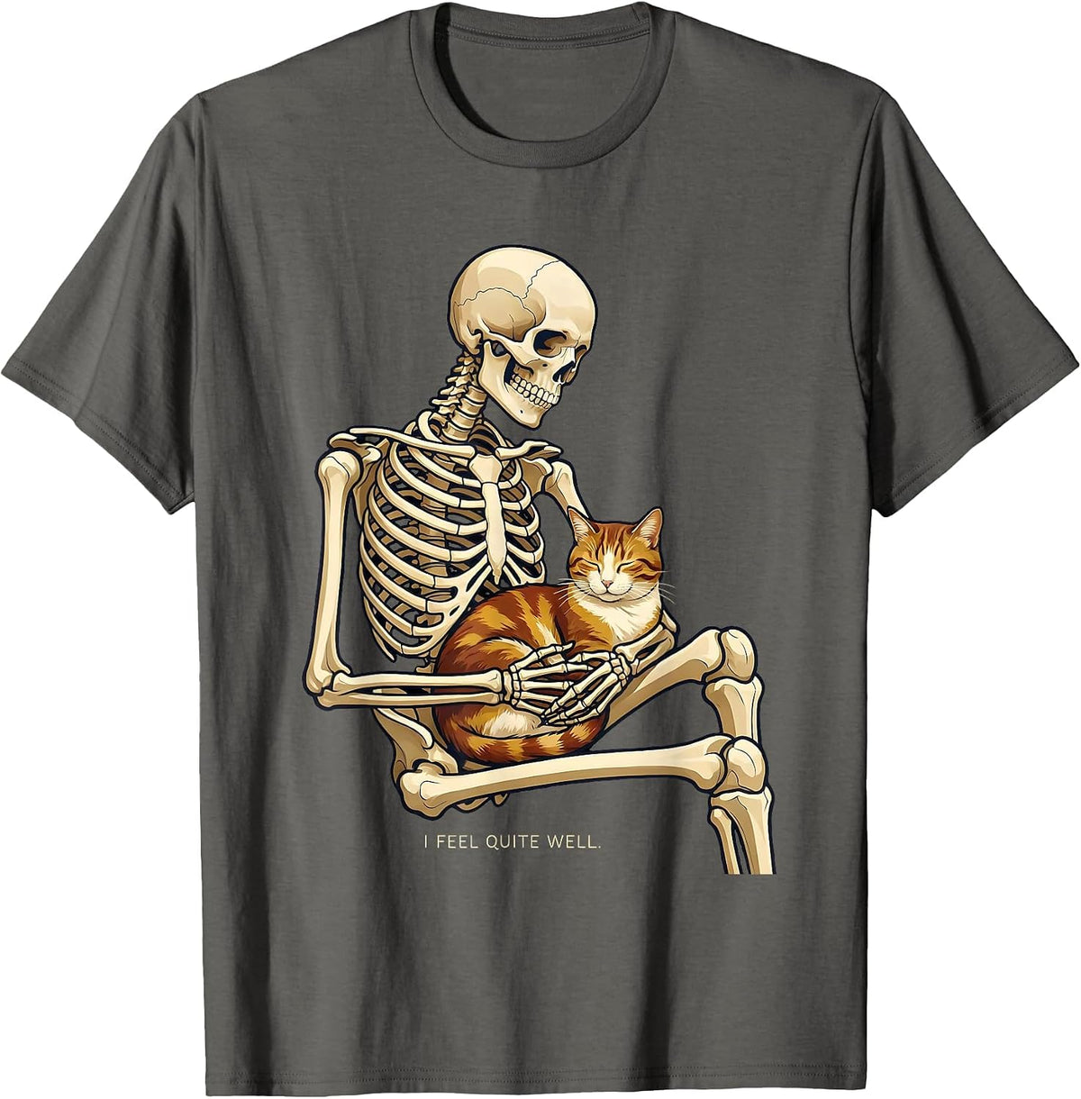 Men's I Feel Quite Well Funny Skeleton Hugging Cat Halloween Cat T-Shirt - Asphalt Grey