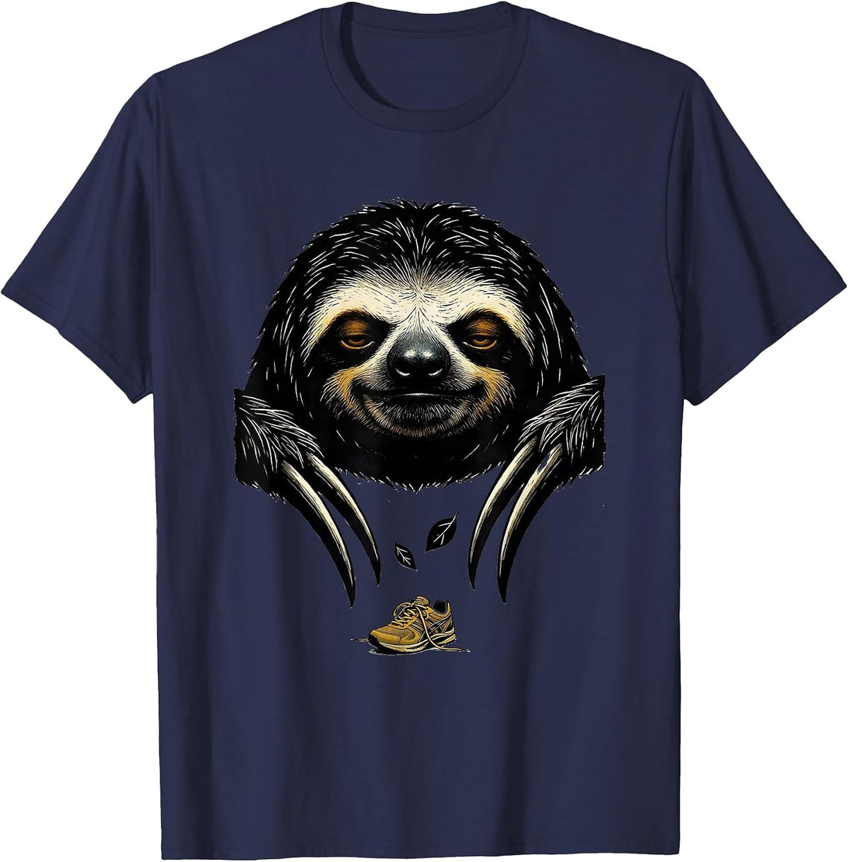 Men's Sloth Head Linocut Novelty Animal Humor T-Shirt - Navy Blue