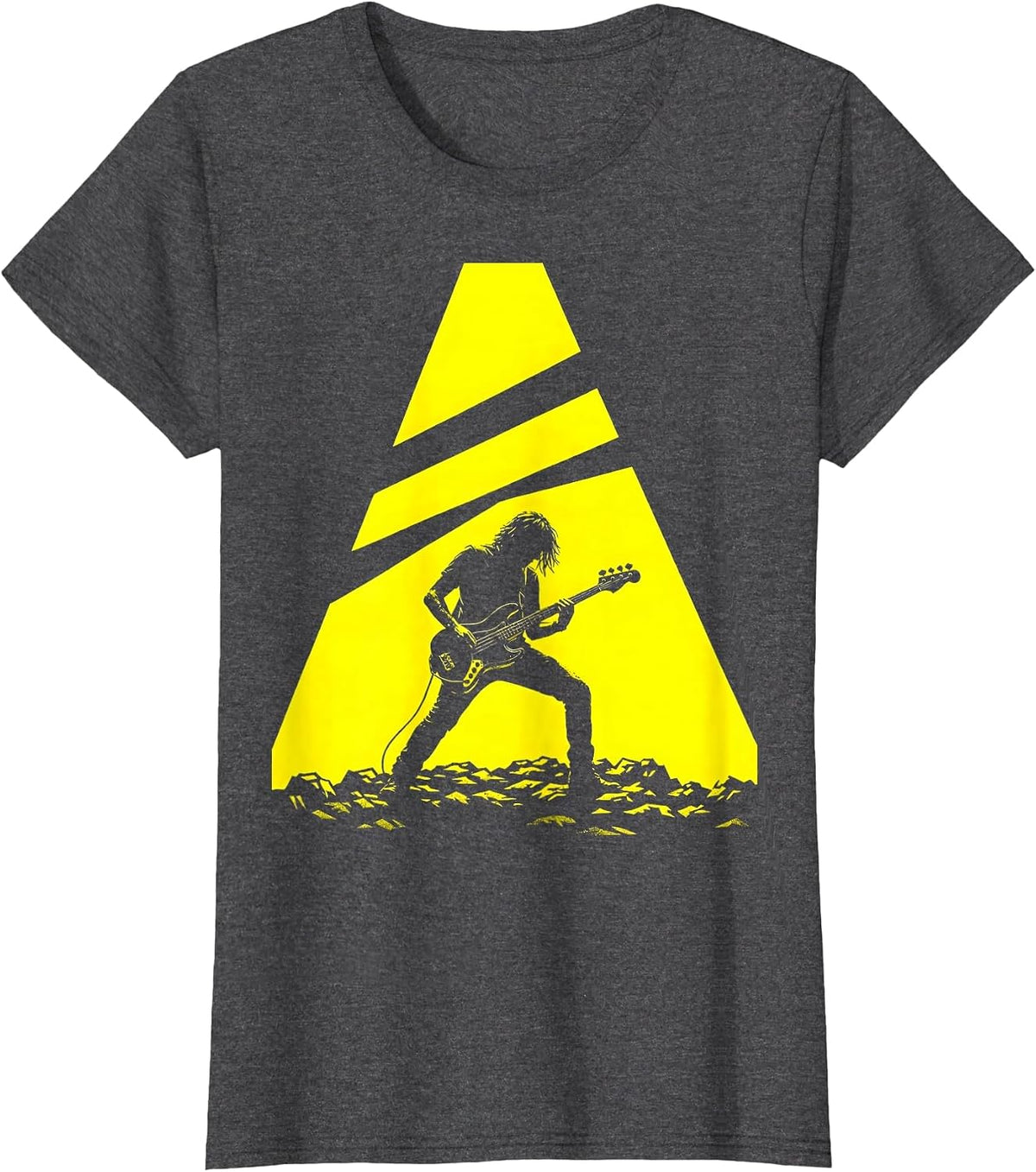 Women's 90s Bassist Spotlight Silhouette Rock Music Design T-Shirt - Dark Heather Grey