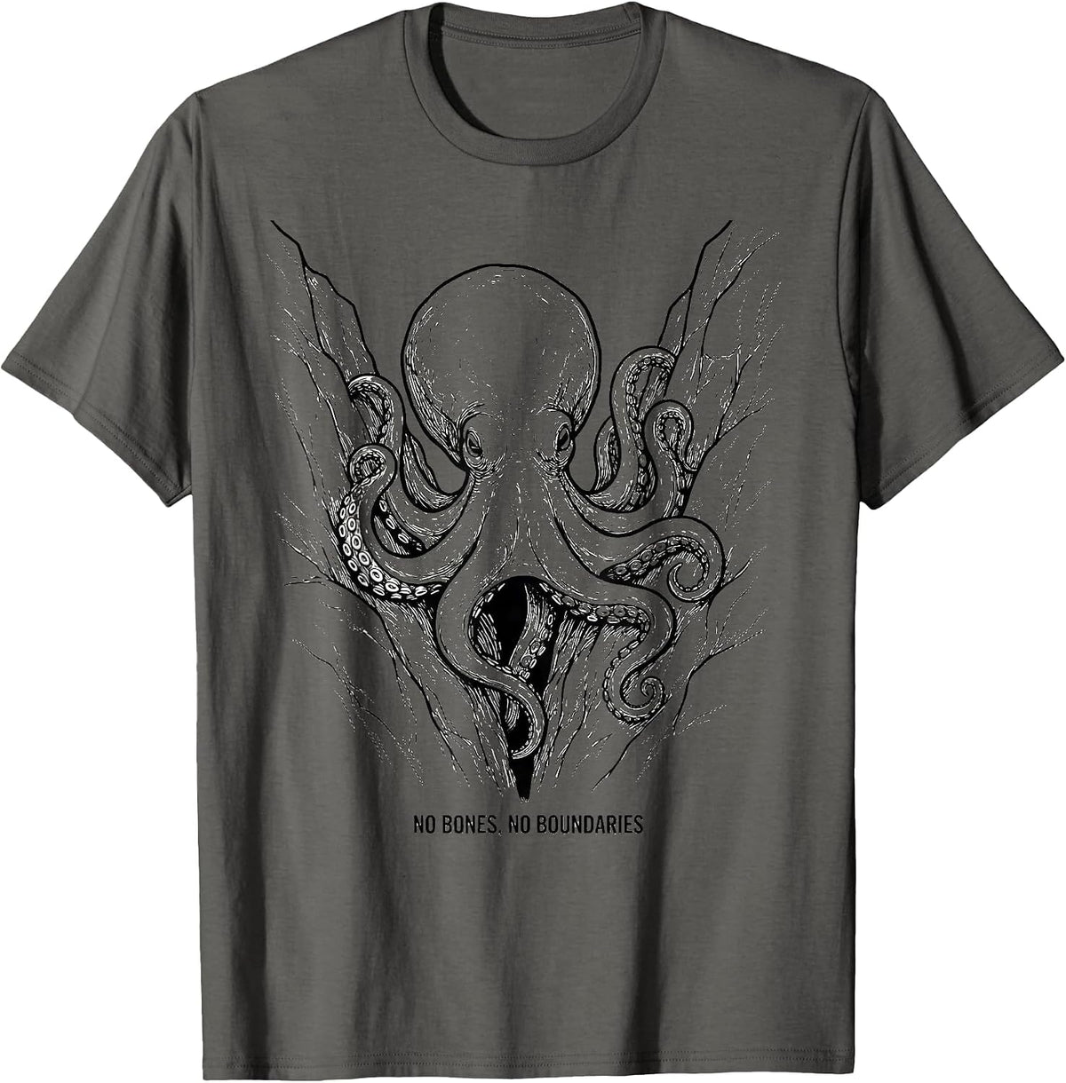 No Bones, No Boundaries Line Art Octopus Ocean Animal Lover T-Shirt - Asphalt Grey