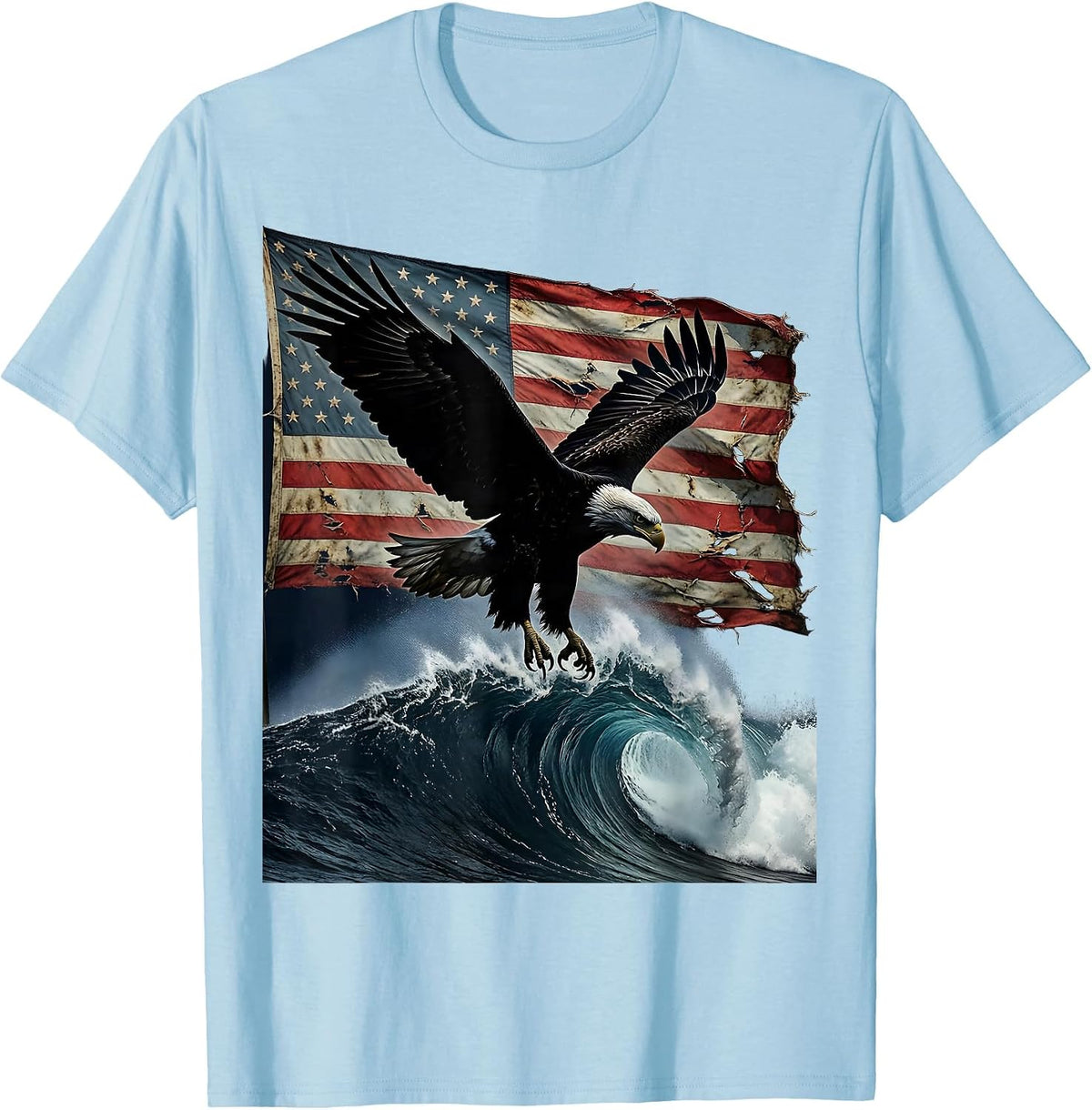 Men's Bald Eagle Diving Ocean Wave USA Freedom T-Shirt - Baby Blue