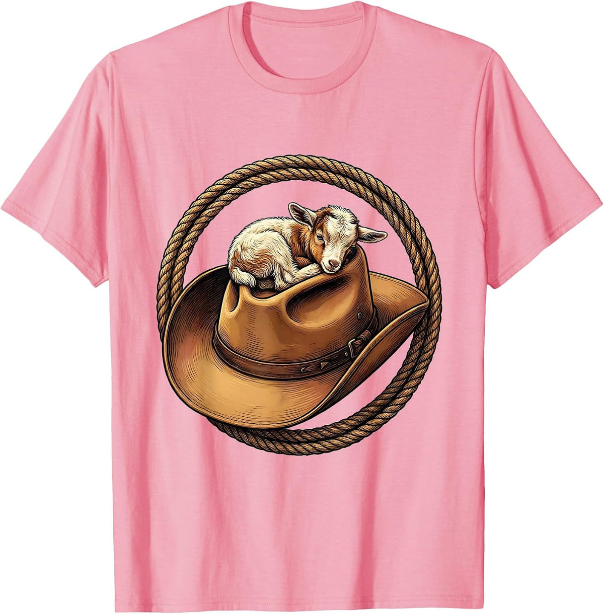 Men's Baby Goat Curled in Cowboy Hat Illustration T-Shirt - Pink