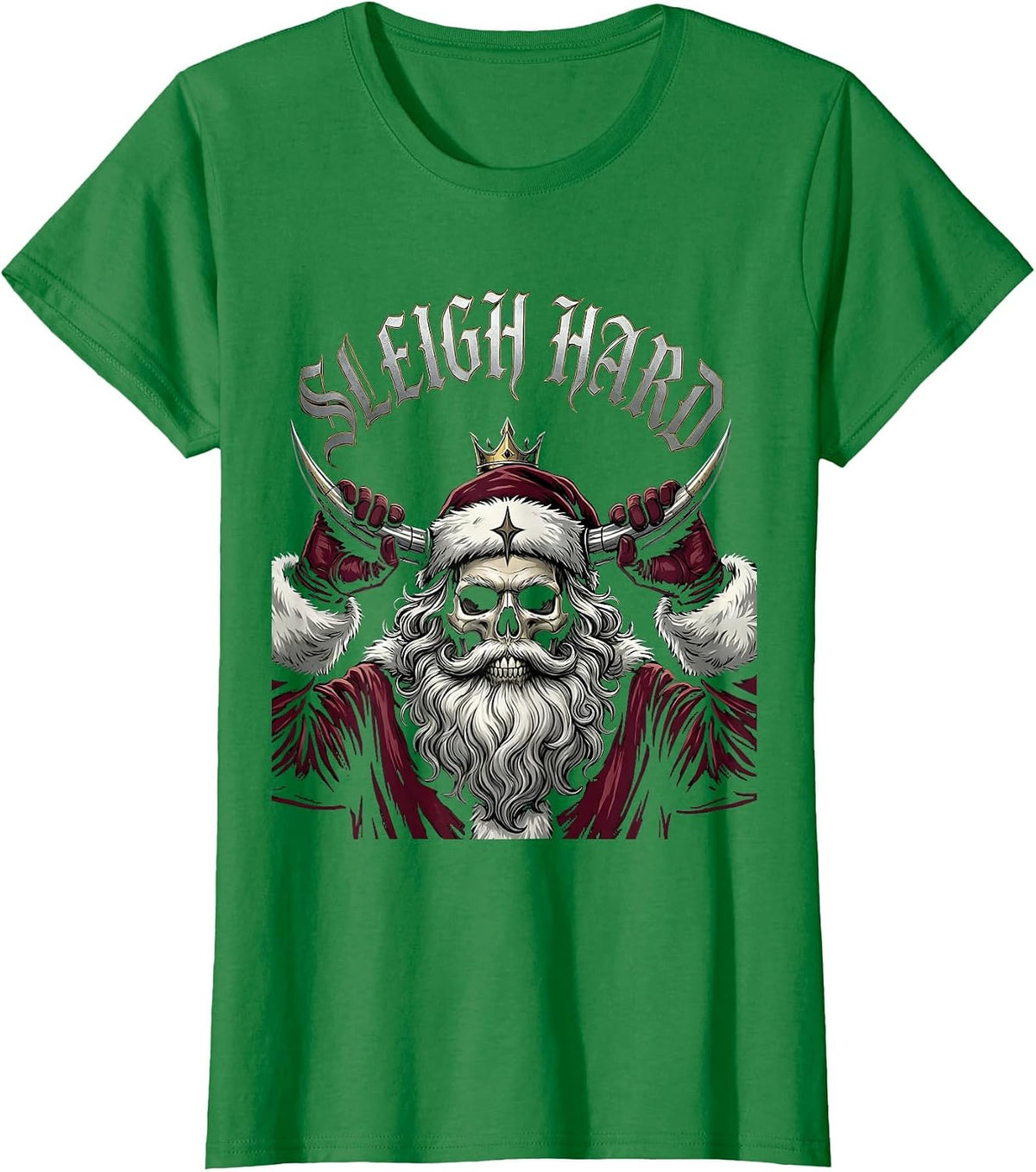 Women's Sleigh Hard Gothic Heavy Metal Santa Claus Christmas Humor T-Shirt - Kelly Green