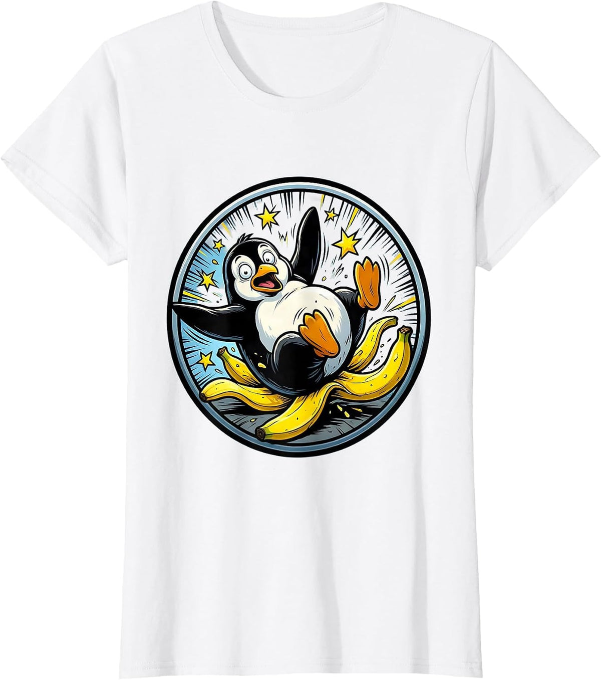 Derpy Penguin Slipping on Banana Peel T-Shirt - White