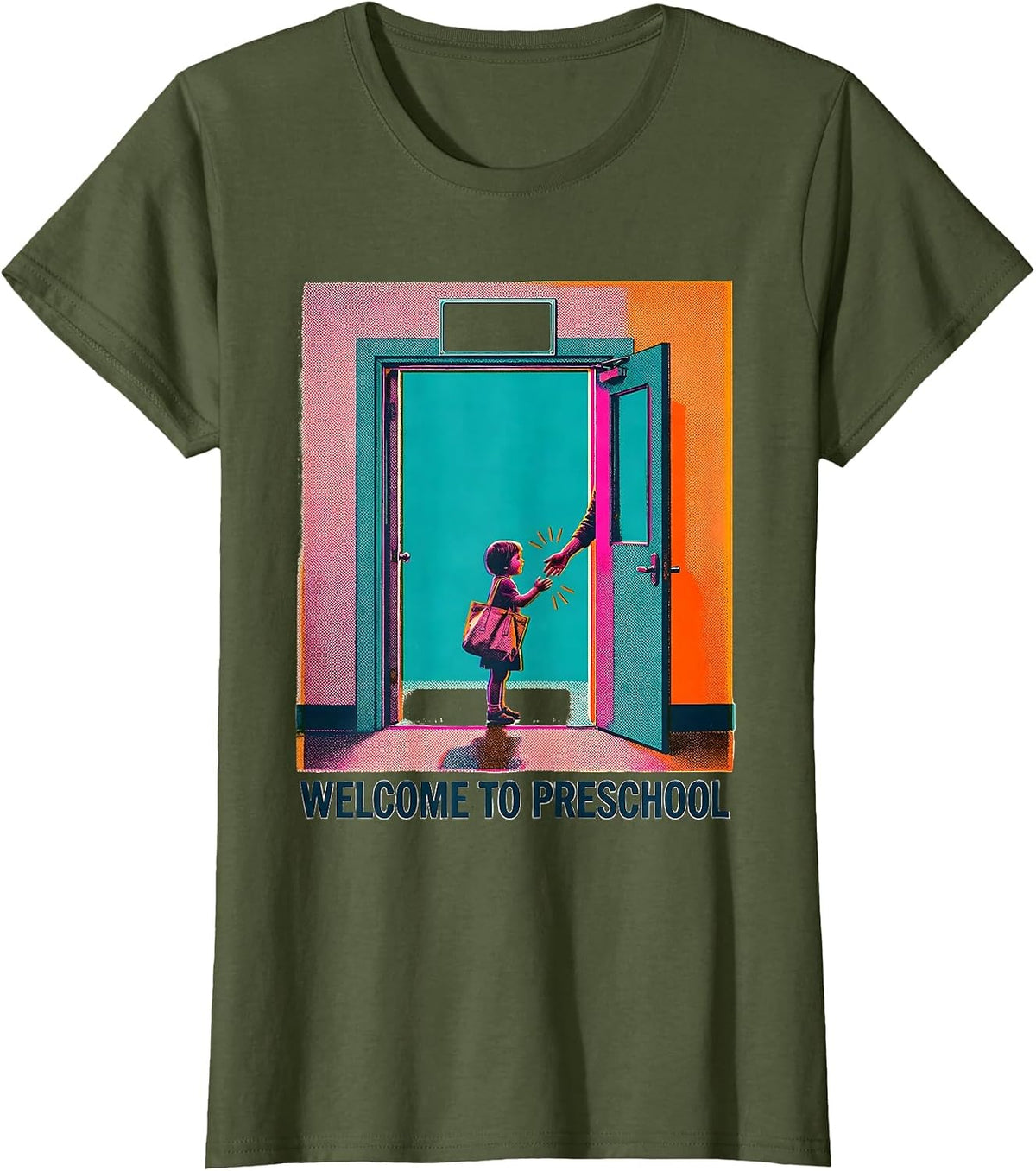 Women's Welcome To Preschool Risograph Playful Teacher Appreciation T-Shirt - Olive Green
