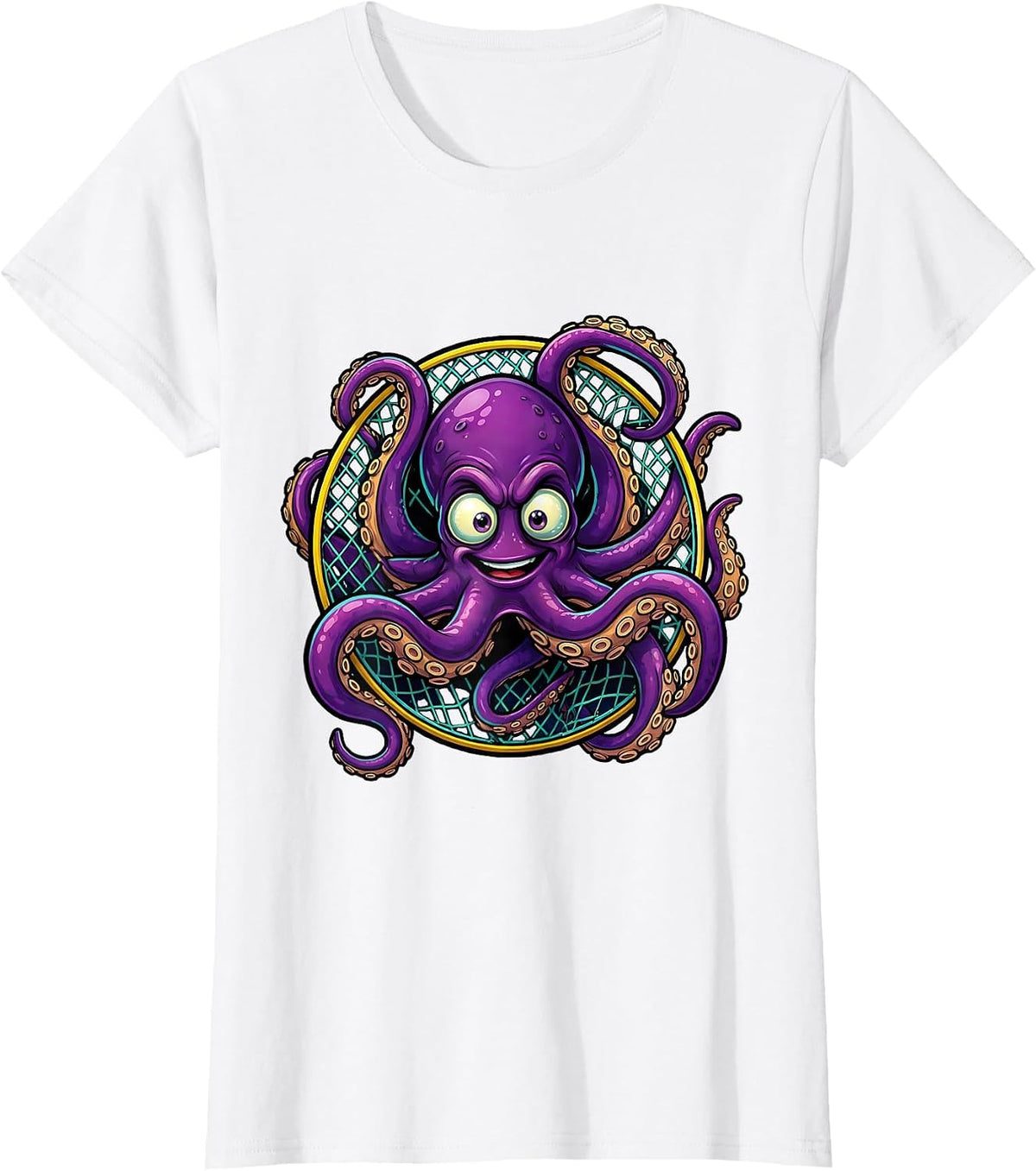 Women's Deep Sea Octopus Soccer Goal Net Illustration T-Shirt - White