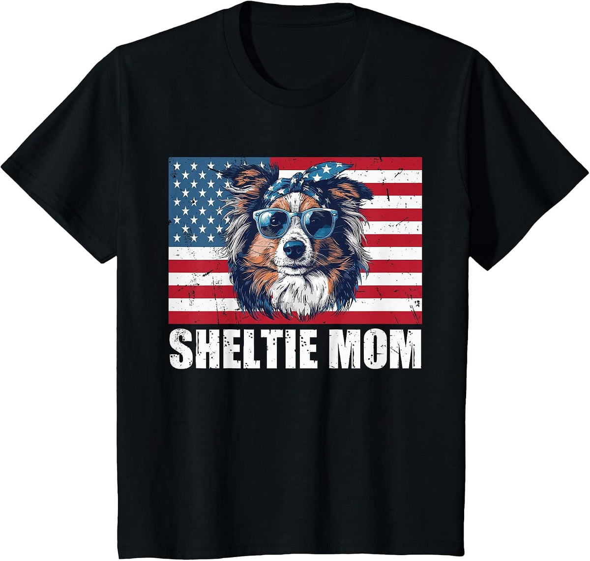 Sheltie Mom American Flag Puppy Lover Dog Owner 4th of July T-Shirt - Black