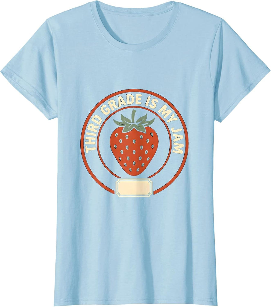 Women's Third Grade Is My Jam Strawberry Teacher Back To School T-Shirt - Baby Blue