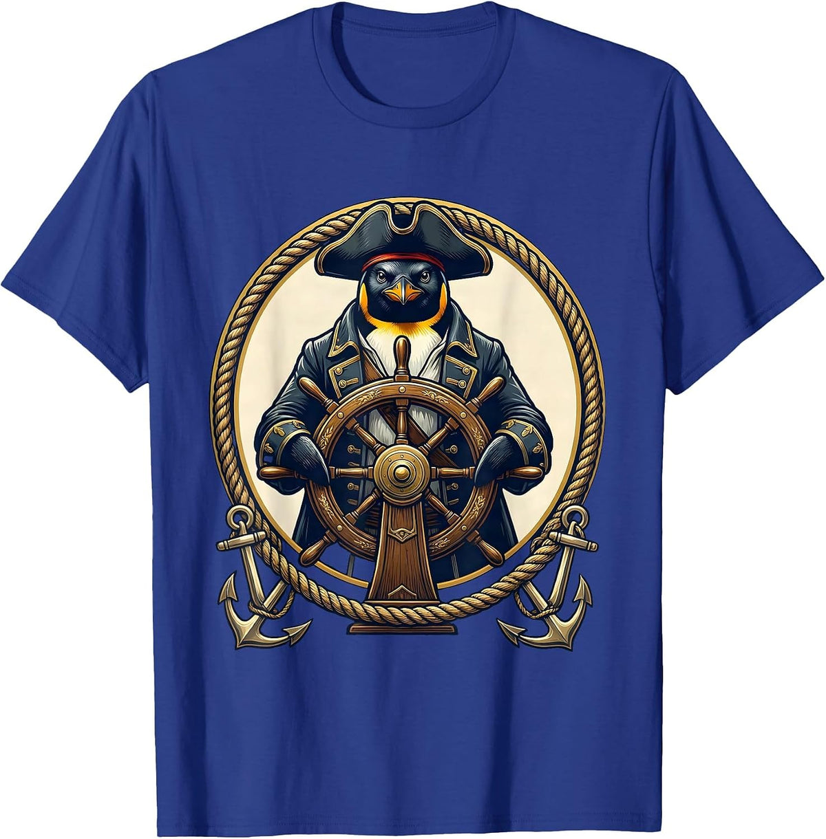 Men's Penguin Pirate Steering a Tall Ship Wheel T-Shirt - Royal Blue