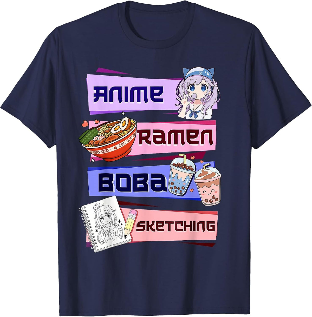 Anime Girl Ramen Boba Tea Bubble Tea Sketching Japanese T-Shirt - Navy Blue