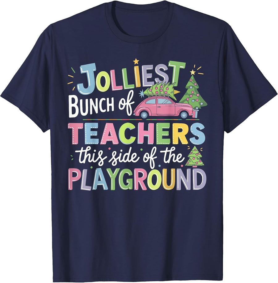 Jolliest Bunch of Teachers This Side of The Playground Xmas T-Shirt - Navy Blue