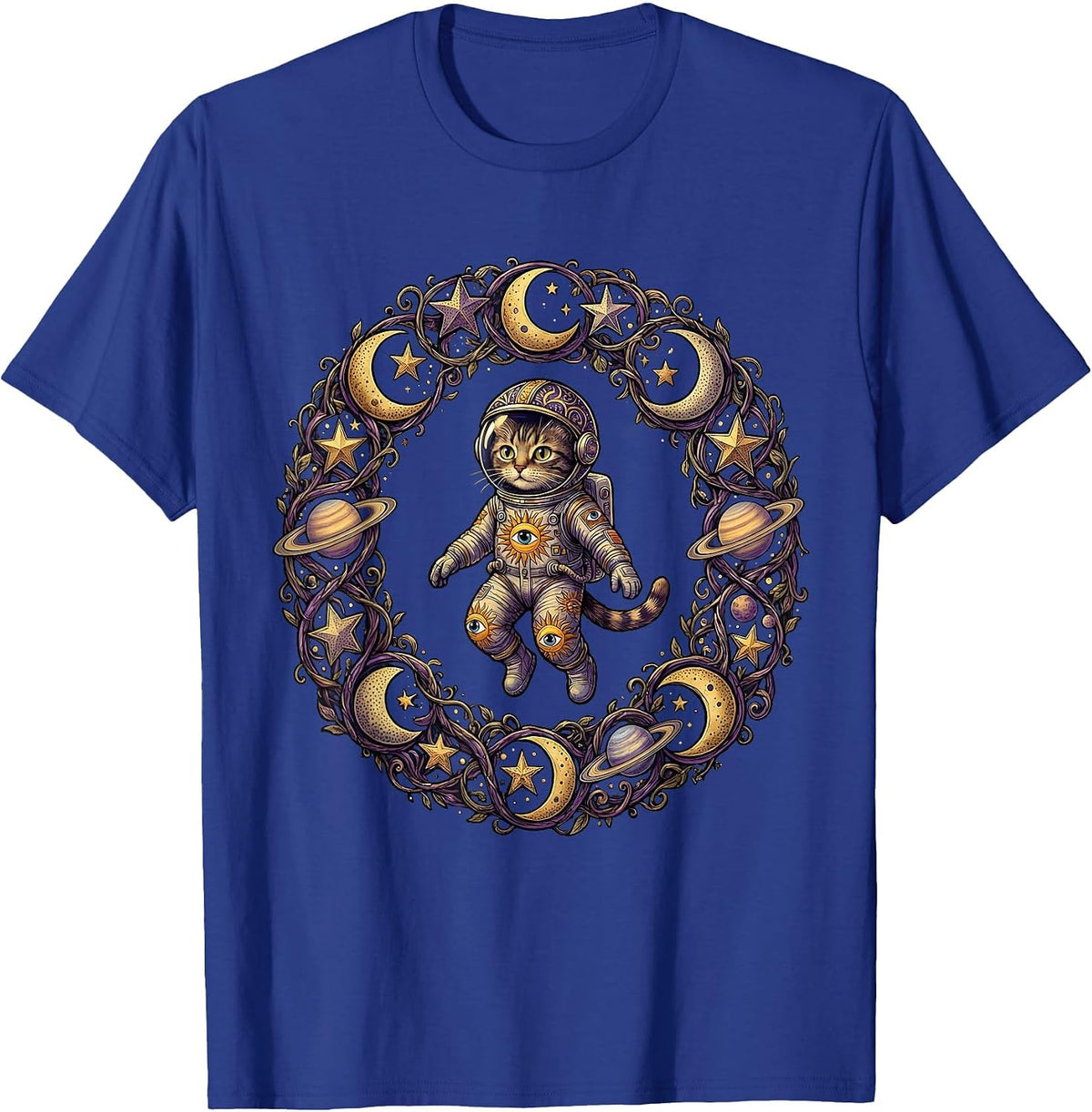 Men's Cat Astronaut Floating in Outer Space Illustration T-Shirt - Royal Blue