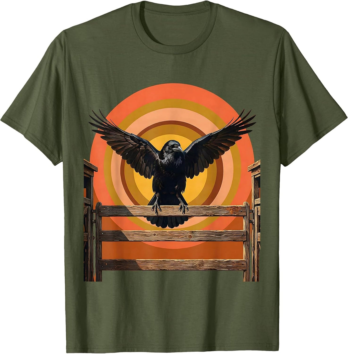 Crow on Rodeo Gate Western Graphic Design T-Shirt - Olive Green