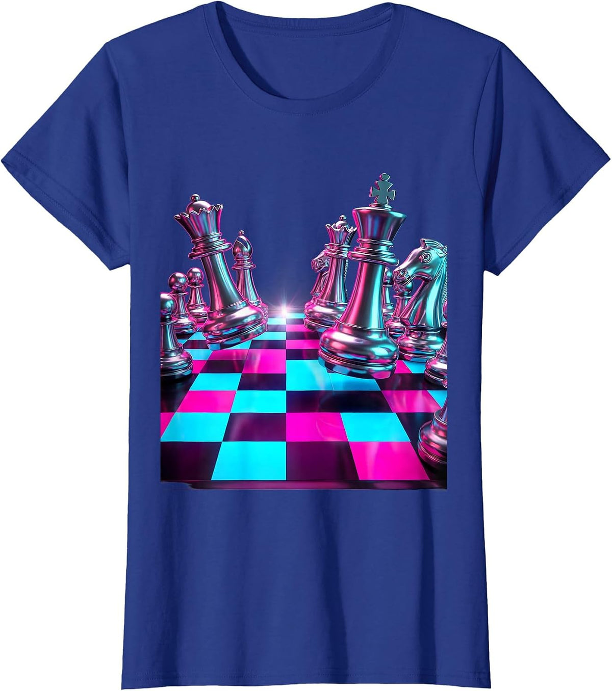 Women's Chess Pieces Scattered Checkered Board Graphic T-Shirt - Royal Blue