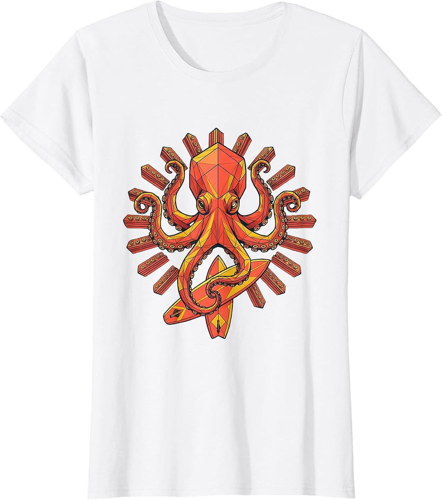 Women's Octopus Surfer Hawaiian Graphic Tee for Kids T-Shirt - White