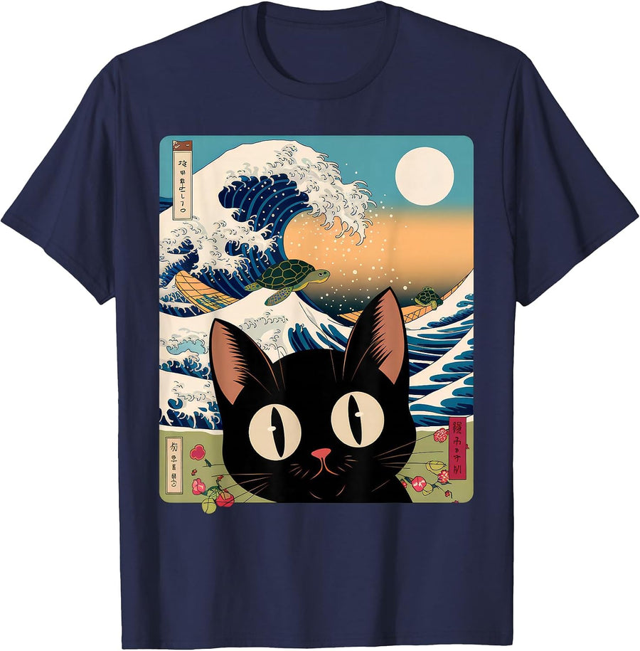 Wave Kawaii Cat Japanese Vintage Aesthetic Alt Cute Anime T-Shirt - Navy Blue