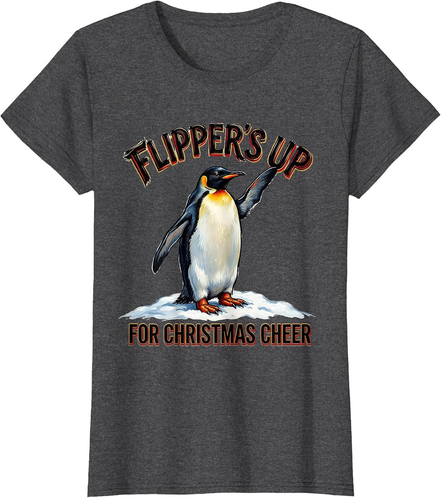 Women's Flipper's Up For Christmas Cheer Funny Penguin Lover Gift T-Shirt - Dark Heather Grey