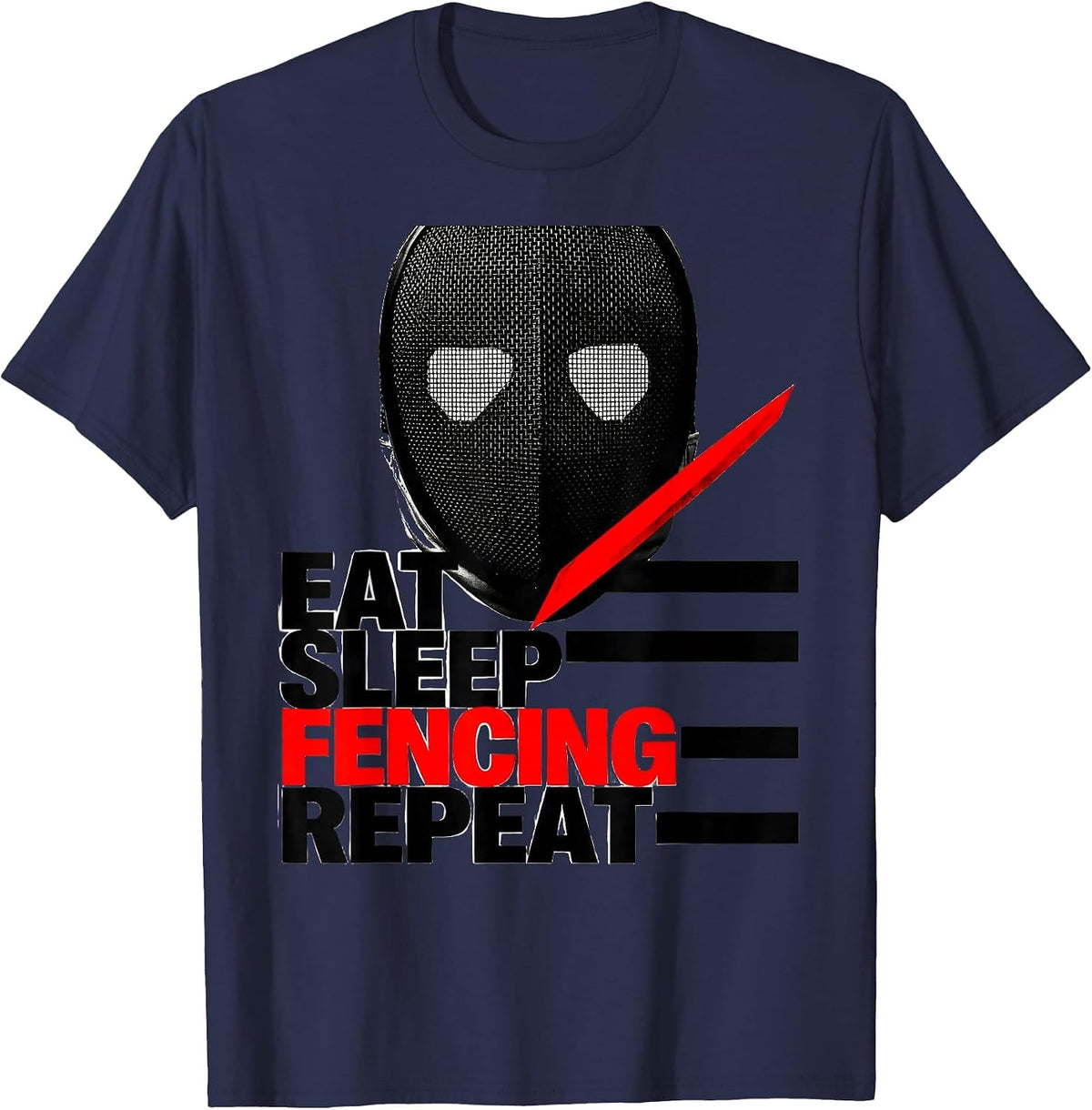 Men's EAT SLEEP FENCING REPEAT Brutalist Graphic Sport Fan Humor T-Shirt - Navy Blue