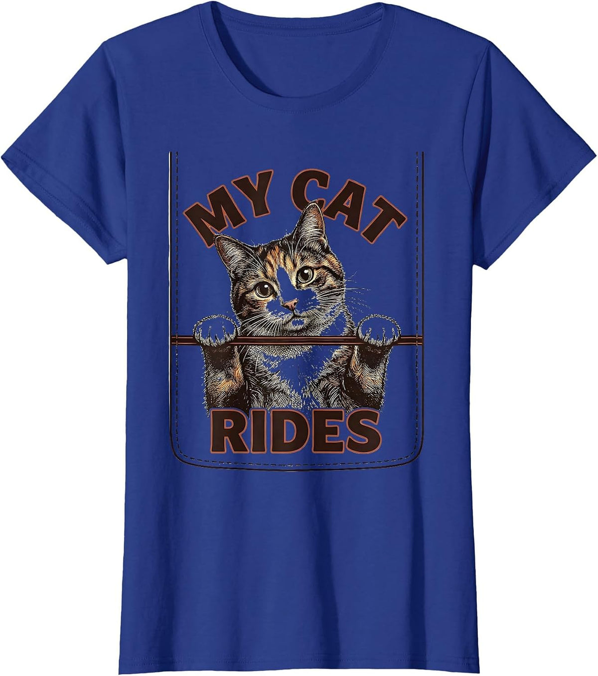 Women's My Cat Rides Funny Cat Lover Pet Portrait Casual Wear T-Shirt - Royal Blue