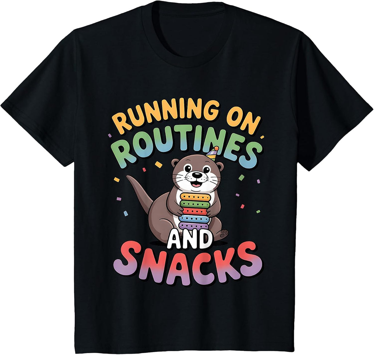 Running On Autism Routines and Snacks Otter Funny Autistic T-Shirt - Black